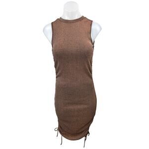 DNT Brown Metallic Rib Knit Sleeveless Ruched Tie Cami Midi Bodycon Tank Dress S